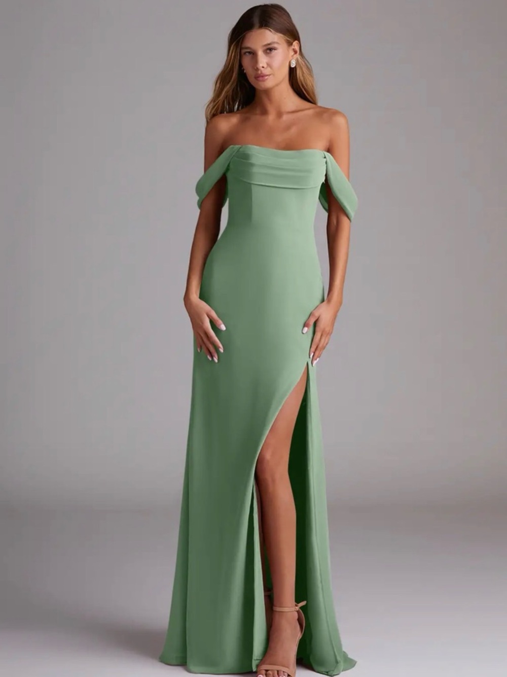 Azazie Sage Green Strapless Off-Shoulder Gown with Side Slit
